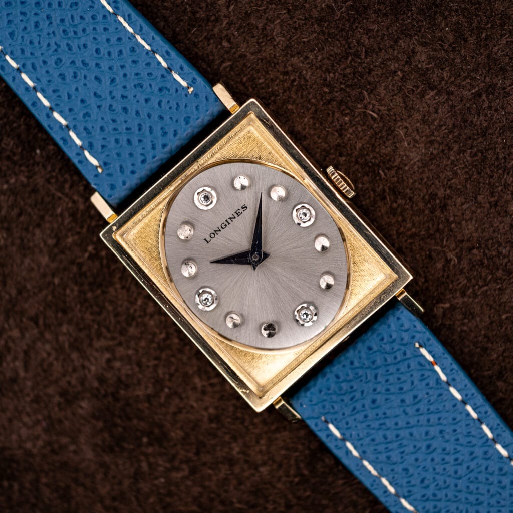 Longines Tank 3217-428 in 10k gold filled case with silver dial, diamond hour markers and blue leather strap