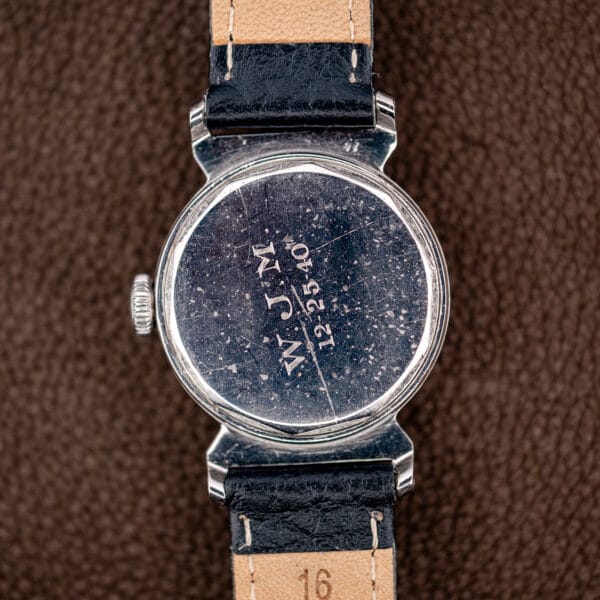 Movado caseback hand engraved W J M and 12-25-40, a Christmas 1940 presentation.