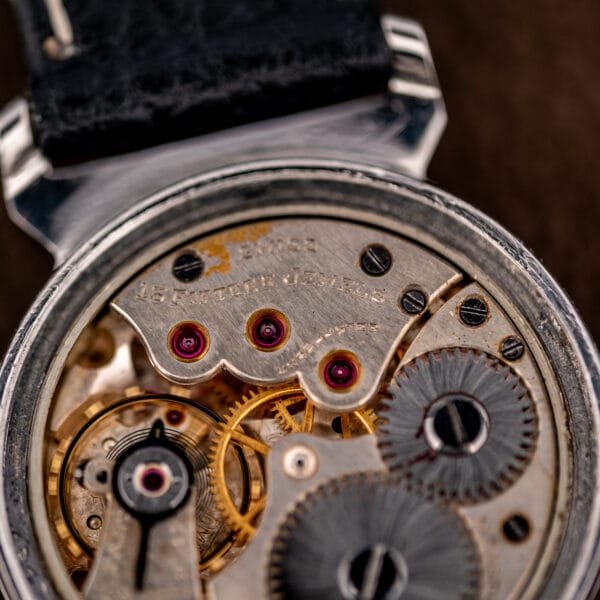 Macro of the Movado caliber, ruby jewels in gold chatons marked fifteen jewels unadjusted.