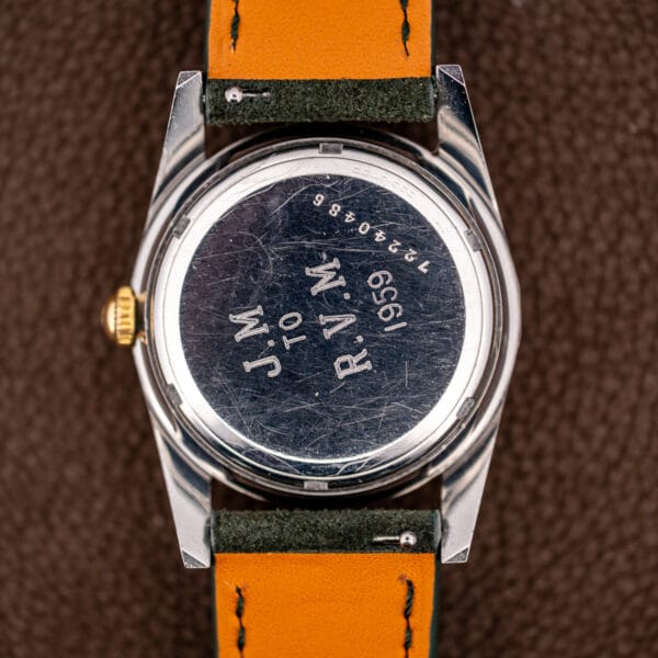 Girard-Perregaux stainless steel caseback hand engraved J.M TO R.V.M 1959 above case number 72240486