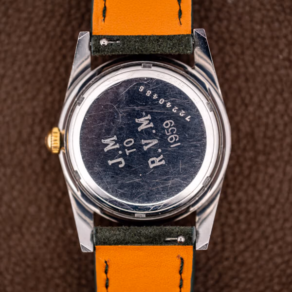 Girard-Perregaux stainless steel caseback hand engraved J.M TO R.V.M 1959 above case number 72240486