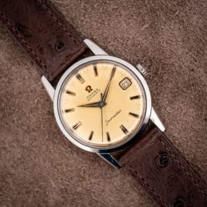 Omega Seamaster 14760 eggshell dial with applied baton markers and date at three on brown ostrich strap