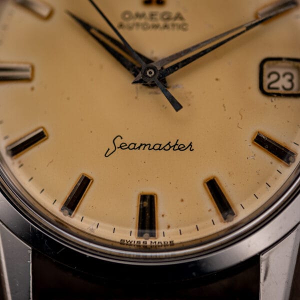Lower half of the Omega 14760 dial with Seamaster script, SWISS MADE printing and applied baton hour markers