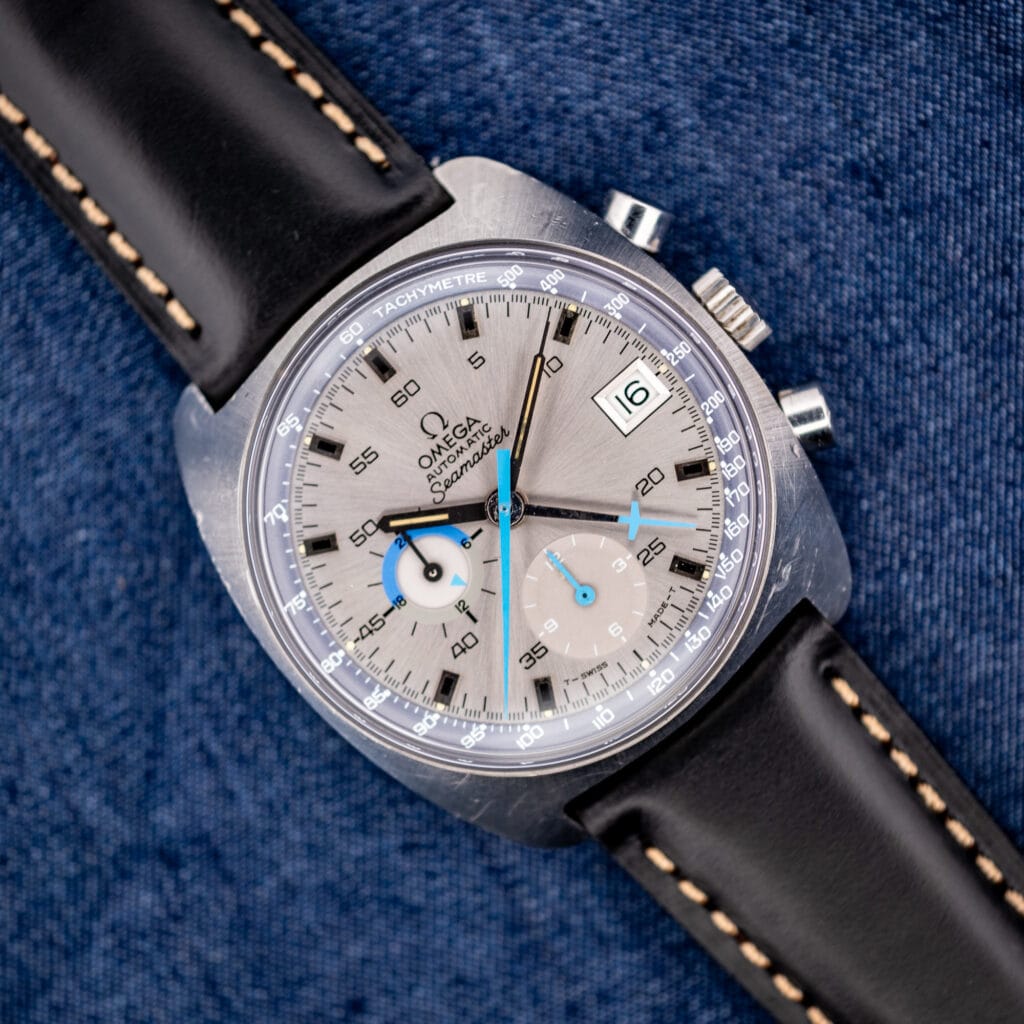 Omega Seamaster 176.007 Blue Jedi silver sunburst dial with pale blue central chronograph hands on black leather