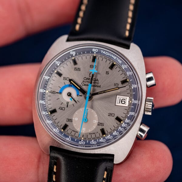 Omega Seamaster 176.007 Blue Jedi in hand with silver dial twelve hour totaliser and day night register