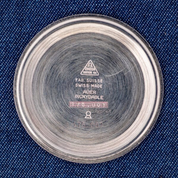 Omega 176.007 inner caseback stamped FAB. SUISSE SWISS MADE ACIER INOXYDABLE with reference 176.007