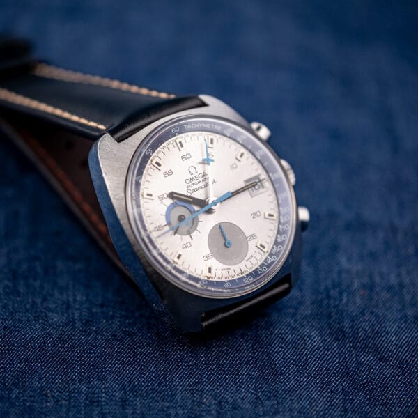 Vintage Omega 176.007 Blue Jedi showing cushion case lugs twenty two millimetre strap and tachymetre bezel ring