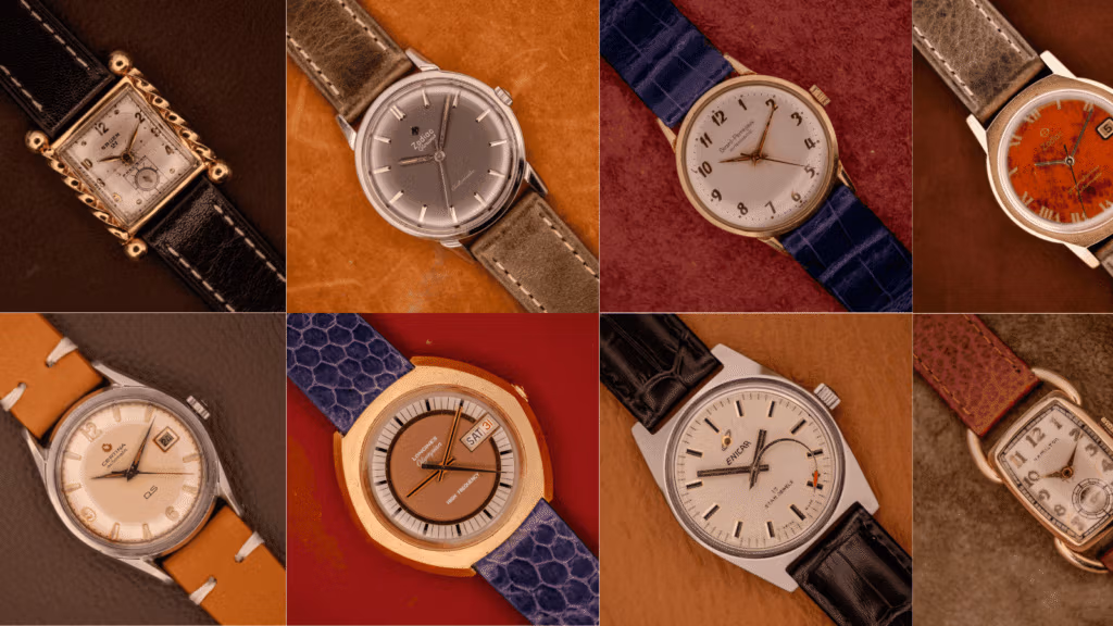 Eight vintage watch styles in a grid, with rectangular and round cases, silver and orange dials, and leather straps