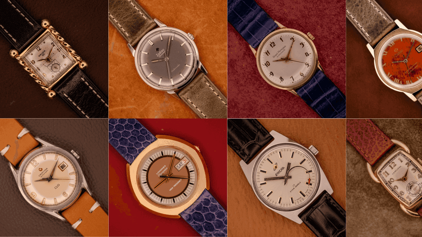 Eight vintage watch styles in a grid, with rectangular and round cases, silver and orange dials, and leather straps