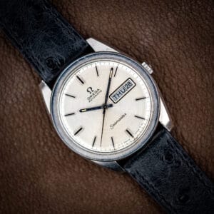 Omega Seamaster 166.032 silver dial with day and date at three, on a black ostrich strap