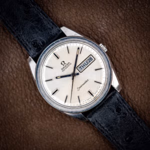 Omega Seamaster 166.032 silver dial with day and date at three, on a black ostrich strap