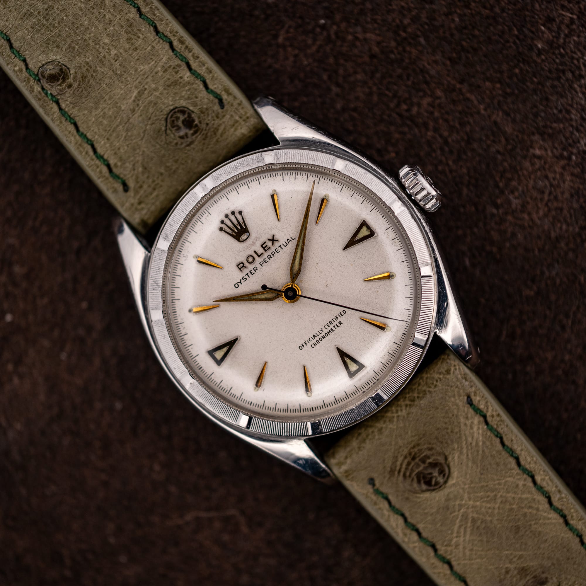 DSCF5897 Rolex Oyster Perpetual 6085 white chronometer dial with applied gold markers on an olive ostrich strap