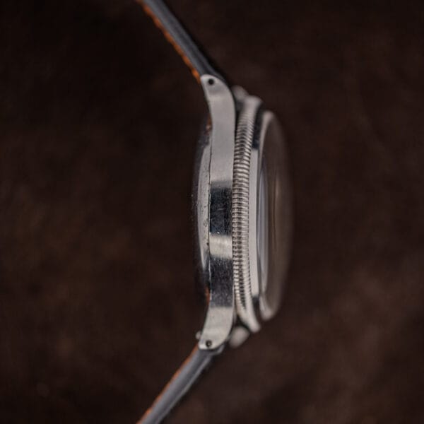 Benrus Sky Chief stainless steel case flank with snap caseback and stepped teardrop lugs