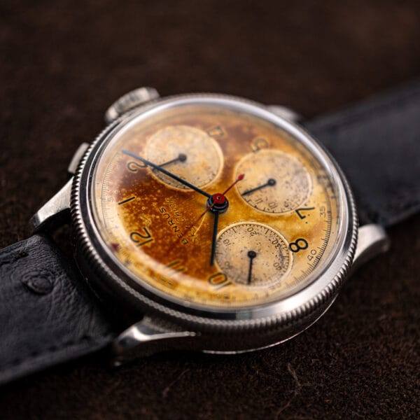 Benrus Sky Chief dial from the twelve side showing 30-minute and 12-hour chronograph registers