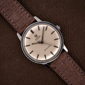 Omega Seamaster 165.002 silver dial with applied faceted batons on a brown grained leather strap