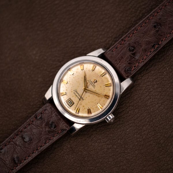 Vintage Omega Seamaster Calendar automatic on chocolate brown ostrich strap, stainless steel case angled