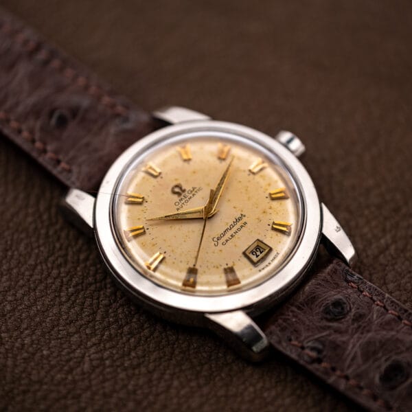 Vintage Omega Seamaster Calendar watch on brown ostrich leather strap with rust contrast stitching