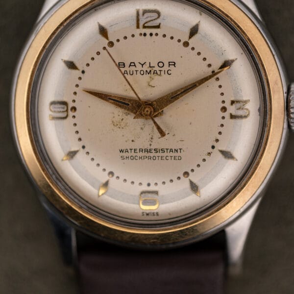 Full dial of the Baylor Automatic with WATERRESISTANT SHOCKPROTECTED text and SWISS printed at six o'clock