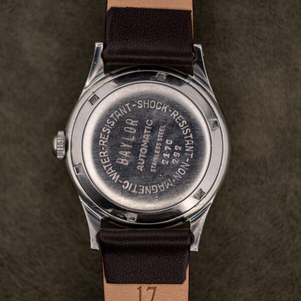 Baylor Automatic caseback stamped WATER-RESISTANT-SHOCK-RESISTANT-NON-MAGNETIC with BAYLOR AUTOMATIC STAINLESS STEEL 2170 292