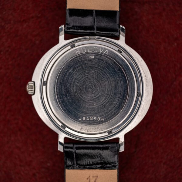 Bulova T-3092 caseback stamped BULOVA, date code N3, serial J848504 and STAINLESS STEEL CASE