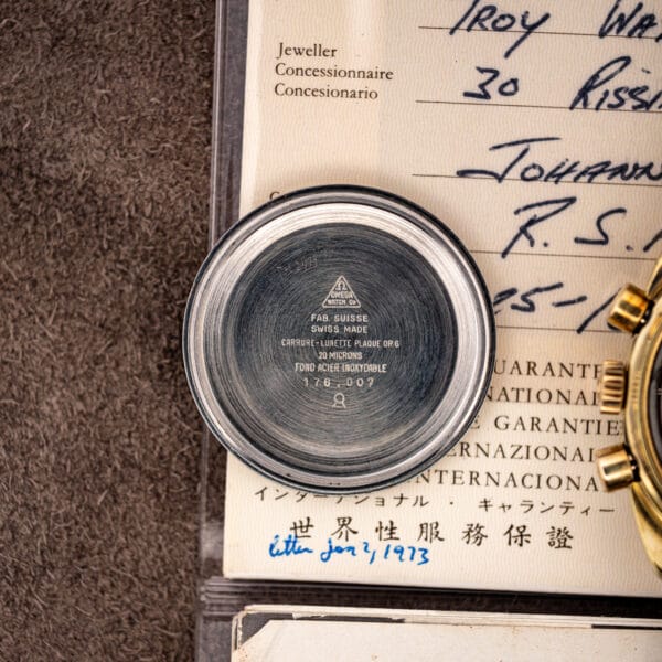 Inner caseback of the Omega 176.007 stamped FAB. SUISSE, CARRURE-LUNETTE PLAQUE OR G, 20 MICRONS, FOND ACIER INOXYDABLE
