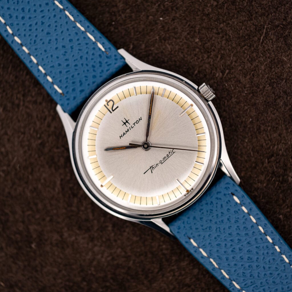 Hamilton Thin-O-Matic cal. 663 with two-tone silver and champagne dial on blue grained leather strap