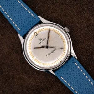 Hamilton Thin-O-Matic cal. 663 with two-tone silver and champagne dial on blue grained leather strap