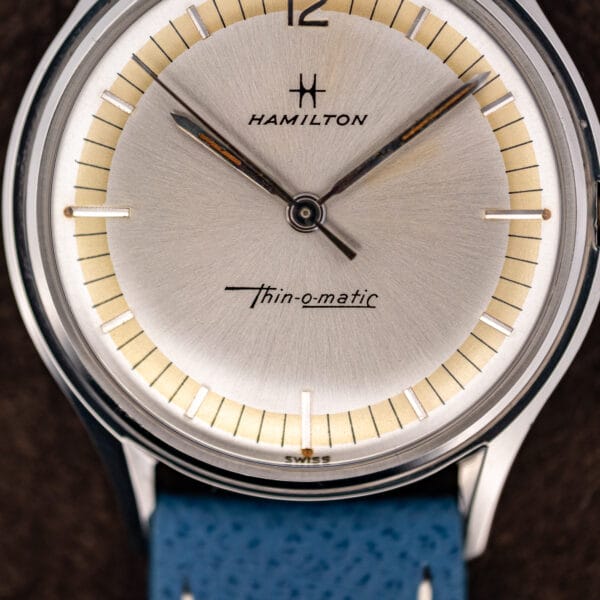 Thin-o-matic script and the single word SWISS printed at six on this Hamilton cal. 663 dial