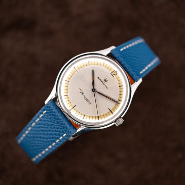 Hamilton Thin-O-Matic micro-rotor automatic, silver radial-brushed dial centre against a warm champagne outer ring