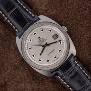 Omega Seamaster 168.035 Jumbo angled view with frosted silver dial, black square markers, and black leather strap