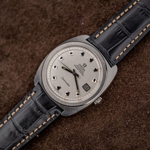 Omega Jumbo Seamaster 168.035 full front view showing the 38mm cushion C-case on black leather strap