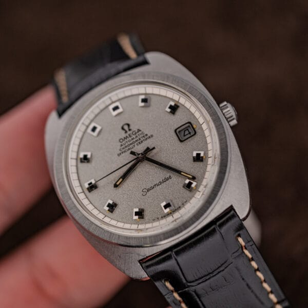 Omega Seamaster 168.035 angled view of the crown side with chronometer dial text visible