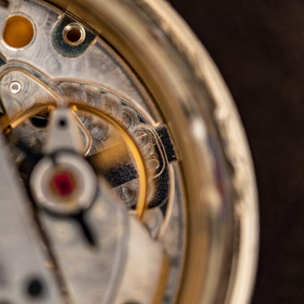 Extreme macro of a red cap jewel set in its chaton against circular grained movement bridges