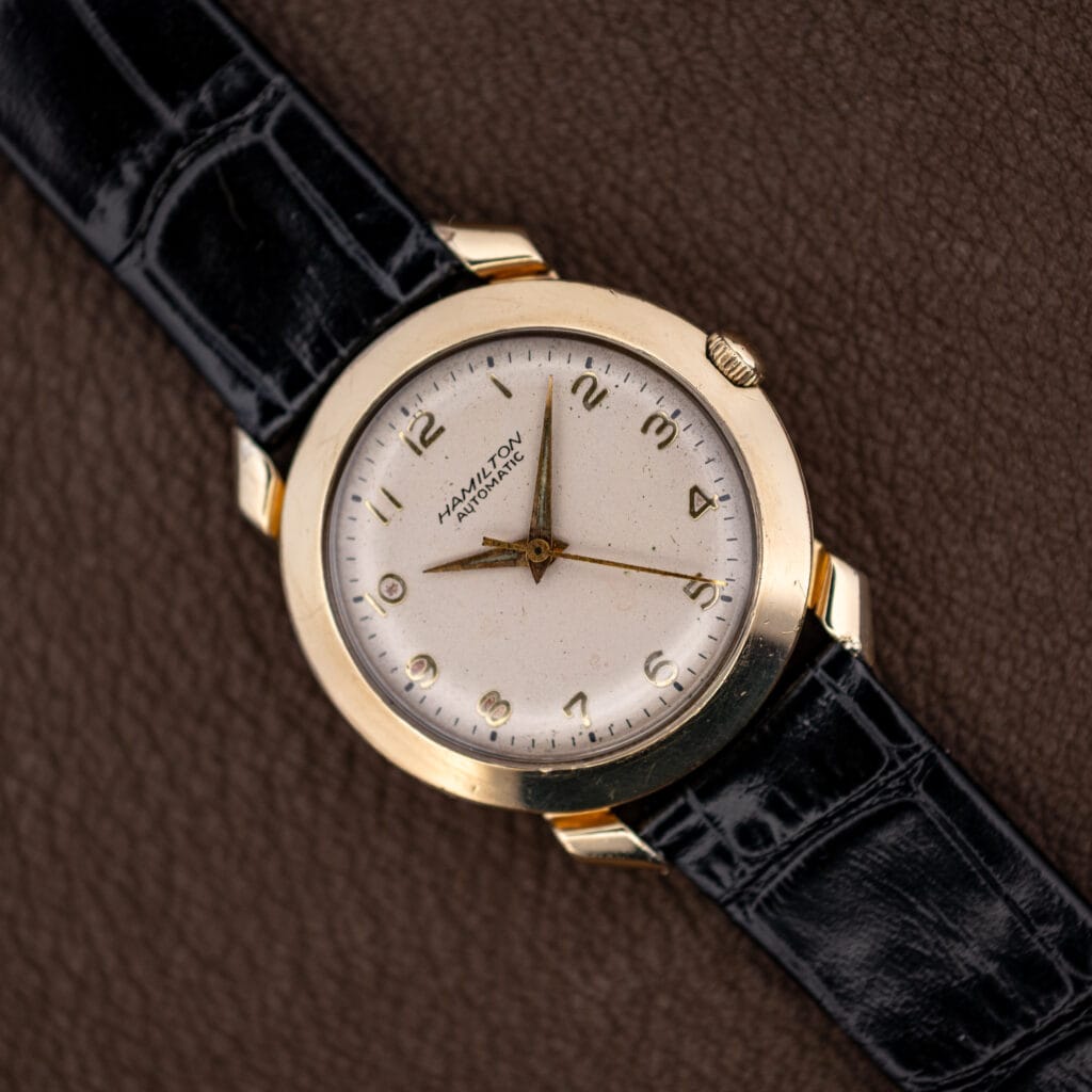 Vintage Hamilton K-455 automatic watch with silvered dial, applied gold numerals and 10k gold filled case