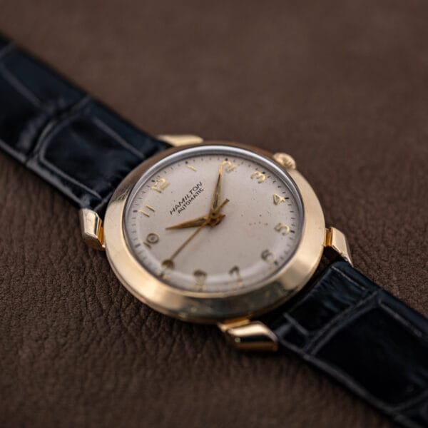 Hamilton K-455 dial reading Hamilton Automatic below twelve with gold dauphine hands