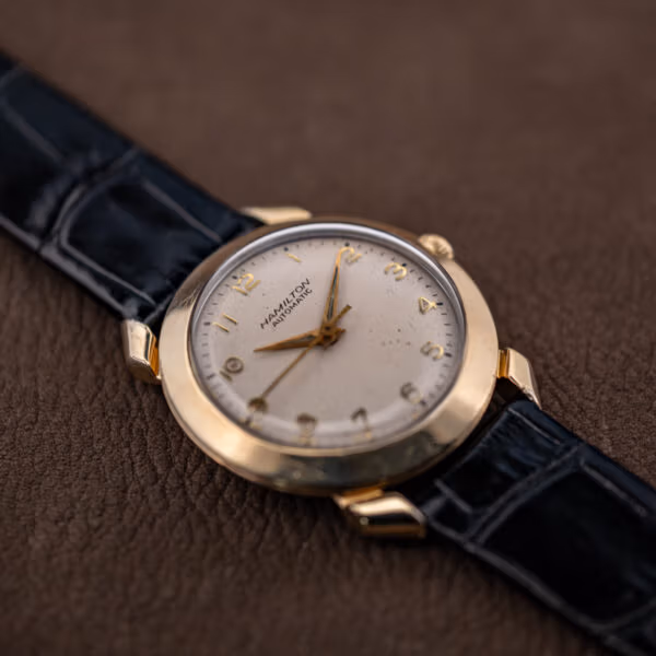 Hamilton K-455 dial reading Hamilton Automatic below twelve with gold dauphine hands