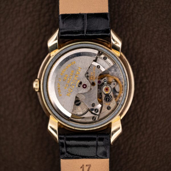 Hamilton caliber 661 automatic movement inside the open K-455 case with the rotor visible