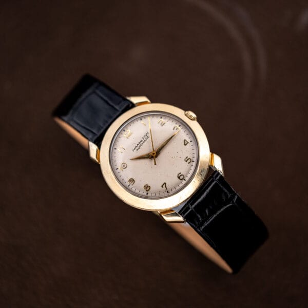 Hamilton K-455 silvered dial with gold dauphine hands and thin sweep seconds hand