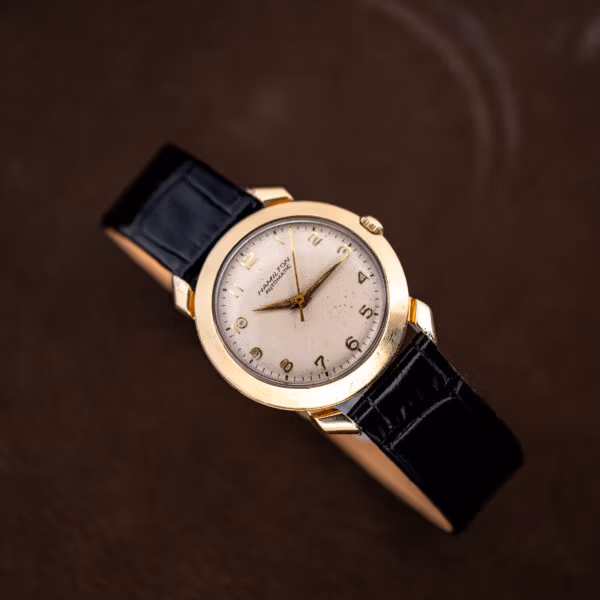 Hamilton K-455 silvered dial with gold dauphine hands and thin sweep seconds hand