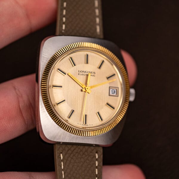 Wrist-side view of the Longines Electronic with dial text and date aperture clearly legible