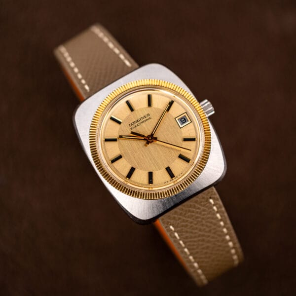 Taupe saffiano strap and cream stitching paired with the Longines Electronic 1522-1 cushion case