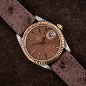 Tudor Prince Oysterdate 7990/3 angled view with chocolate brown rose dial, fluted gold bezel, brown ostrich strap