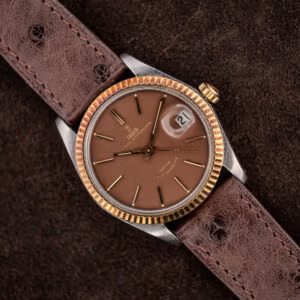 Tudor Prince Oysterdate 7990/3 angled view with chocolate brown rose dial, fluted gold bezel, brown ostrich strap