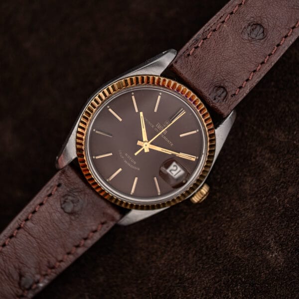 Tudor Prince Oysterdate 7990/3 three-quarter view of the matte brown dial in a steel Oyster case
