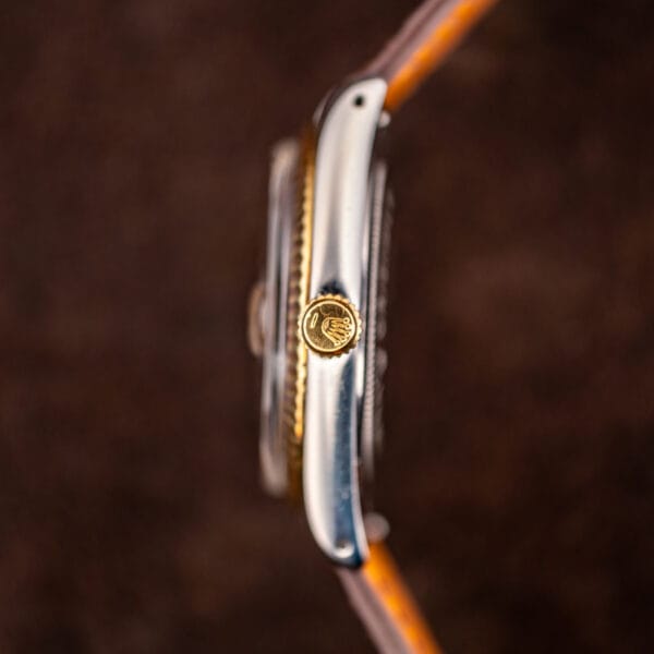 Rolex coronet crown on the Tudor Prince Oysterdate 7990/3 with steel case flank and gold bezel edge
