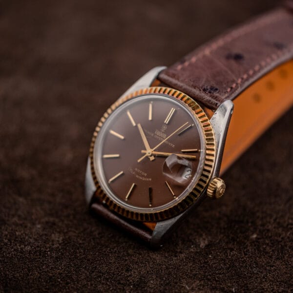 Tudor Prince Oysterdate 7990/3 angled front with date magnifier and coronet-signed gold crown