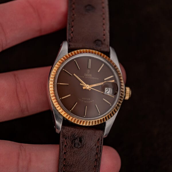 Tudor Prince Oysterdate 7990/3 front view of the two-tone case with fluted bezel and date at 3