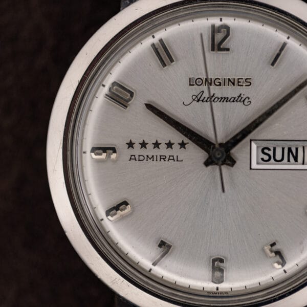 Left side dial macro of the Longines Admiral showing five printed stars above ADMIRAL and SWISS at six o'clock