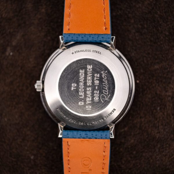 Longines Admiral caseback engraved TO D. LEOGRANDE 10 YEARS SERVICE 1962-1972 with a Rawson script signature
