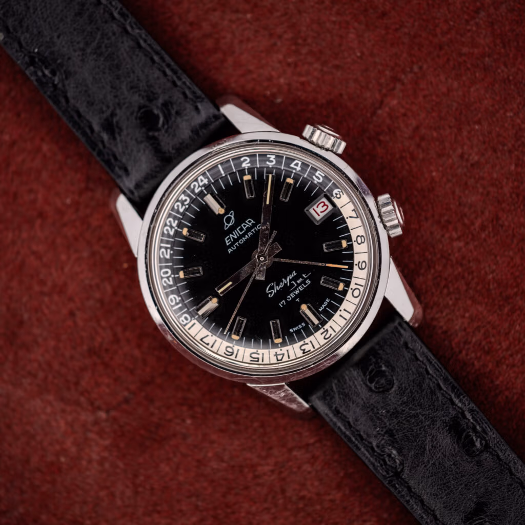 Enicar Sherpa Jet 126/002 black dial with 24-hour inner bezel, date at three, and twin compressor crowns